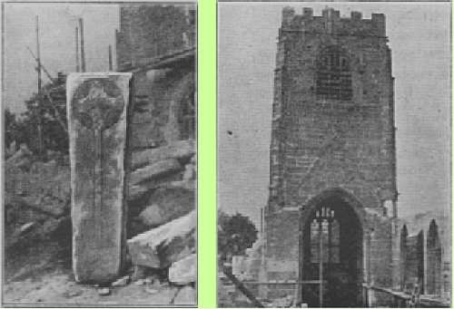 Saxon grave cover and the old tower during the 1901 restoration 