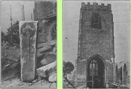 Saxon grave cover and the old tower during the 1901 restoration  Saxon grave cover and the old tower during the 1901 restoration