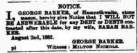 1882.08.05 - Notice - George Barker, PB & NH, Page 1 - click for full size image