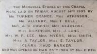 In April 1906, Mr. George Illingworth supplied a Sicilian marble tablet, lettered and fixed for the sum of £6. This records the details of the stone-laying ceremony. - click for full size image