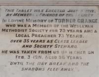 The second is a Memorial to Turner Grange. He was a Local Preacher for 73 years and died in 1911 at the great age of 96. - click for full size image