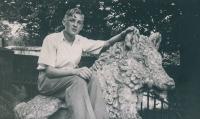 Maurice Wray aged 14 sitting on the Boar Statue in Ripley, North Yorkshire. The photo was taken during a  holiday which he spent camping with a friend at Sissy and John Foster's farm on Rowden Lane Hampsthwaite. - click for full size image